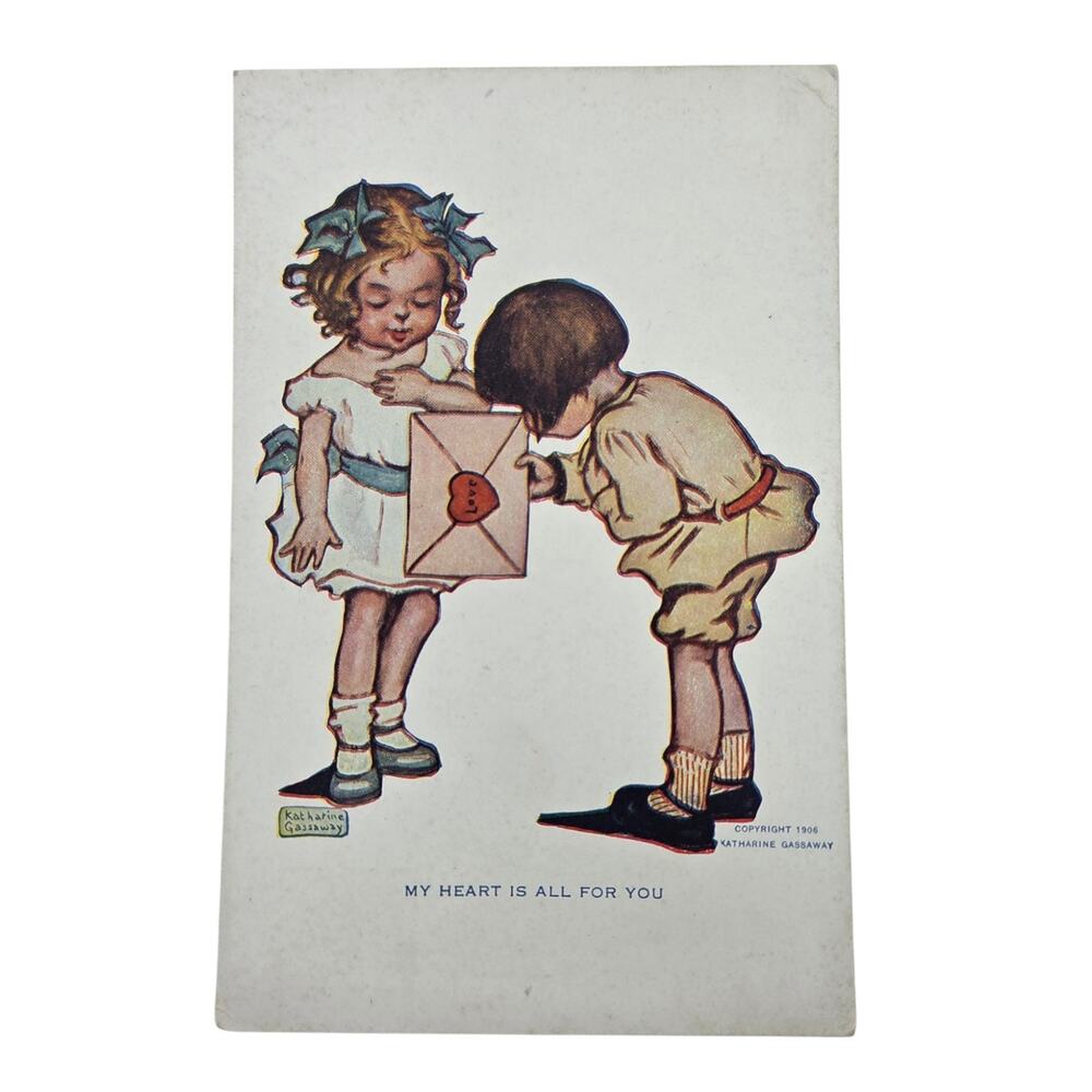 Antique 1906 Valentine Postcard Katharine Gassaway Boy Gives Girl Letter
